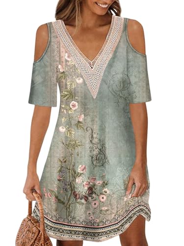 ABYOVRT Sommerkleid Damen Knielang Kurzarm Kleider Lässiges V Ausschnitt Boho Strandkleider Sommer Elegant Minikleid Blumendruck Lose Oberteile Spitzen Tunika Freizeitkleid,Grün,L von ABYOVRT