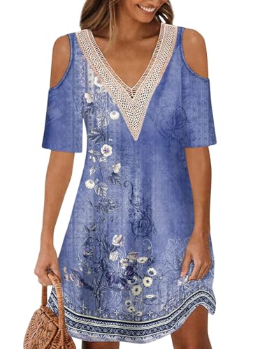 ABYOVRT Sommerkleid Damen Knielang Kurzarm Kleider Lässiges V Ausschnitt Boho Strandkleider Sommer Elegant Minikleid Blumendruck Lose Oberteile Spitzen Tunika Freizeitkleid,Lila,XL von ABYOVRT