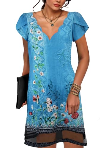 ABYOVRT Sommerkleid Damen Kurzarm Freizeit Kleider Elegant V-Ausschnitt Blumenmuster Minikleid Mode Strandkleid Lässig A-Linie Kleid für Mädchen,Blauer Druck,XXL von ABYOVRT