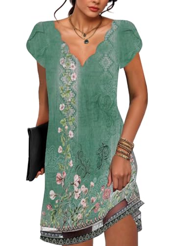 ABYOVRT Sommerkleid Damen Kurzarm Freizeit Kleider Elegant V-Ausschnitt Blumenmuster Minikleid Mode Strandkleid Lässig A-Linie Kleid für Mädchen,Grüner Druck,M von ABYOVRT