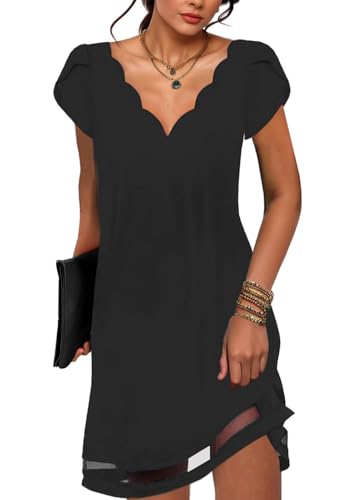 ABYOVRT Sommerkleid Damen Kurzarm Freizeit Kleider Elegant V-Ausschnitt Blumenmuster Minikleid Mode Strandkleid Lässig A-Linie Kleid für Mädchen,Schwarz,XXL von ABYOVRT