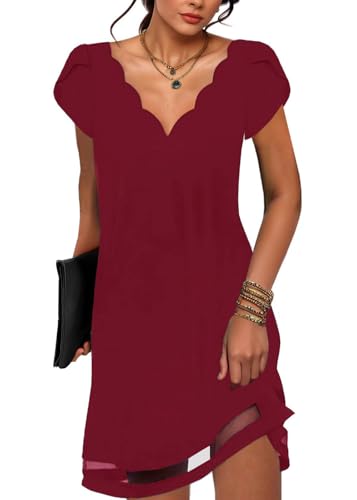 ABYOVRT Sommerkleid Damen Kurzarm Freizeit Kleider Elegant V-Ausschnitt Blumenmuster Minikleid Mode Strandkleid Lässig A-Linie Kleid für Mädchen,Weinrot,M von ABYOVRT