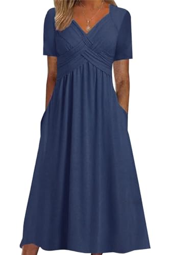 ABYOVRT Sommerkleid Damen Kurzarm V-Ausschnitt Freizeit Kleider Einfarbig Strandkleid Midi Kleid Lose A-Linie Casual Kleider mit Tasche,Blau,XL von ABYOVRT