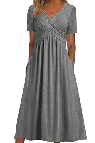ABYOVRT Sommerkleid Damen Kurzarm V-Ausschnitt Freizeit Kleider Einfarbig Strandkleid Midi Kleid Lose A-Linie Casual Kleider mit Tasche,Grau,L von ABYOVRT