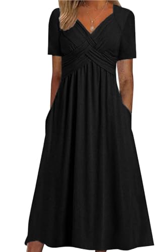 ABYOVRT Sommerkleid Damen Kurzarm V-Ausschnitt Freizeit Kleider Einfarbig Strandkleid Midi Kleid Lose A-Linie Casual Kleider mit Tasche,Schwarz,M von ABYOVRT
