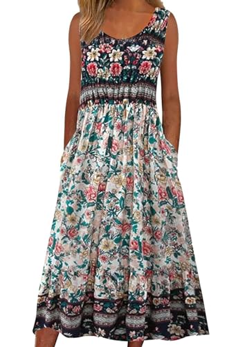 ABYOVRT Sommerkleid Damen Lang Ärmelloses Blumen Midikleid Damen Sommer Strandkleid Lässige Rundhals Kleider Leicht und Luftig mit Taschen,L von ABYOVRT