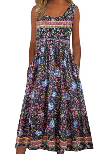 ABYOVRT Sommerkleid Damen Lang Ärmelloses Blumen Midikleid Damen Sommer Strandkleid Lässige Rundhals Kleider Leicht und Luftig mit Taschen,L von ABYOVRT