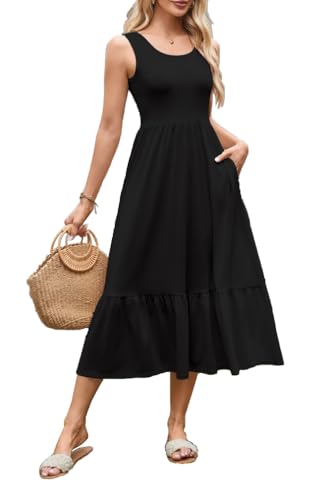 ABYOVRT Sommerkleid Damen Lang Sommer Ärmelloses MidiKleid Damen Strandkleid Quadratischer Ausschnitt Tank Top Kleider Elegant A Linie Kleid mit Taschen Elastischer Taille,Schwarz,L von ABYOVRT