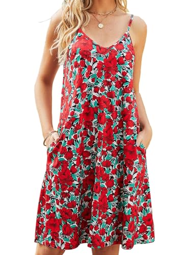 ABYOVRT Sommerkleider Damen Ärmellos Spaghettiträger Blumenmuster Sommer Kleid Kurz V-Ausschnitt Strandkleid Freizeitkleid,Rot-1,L von ABYOVRT