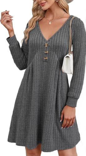 ABYOVRT Strickkleid Damen Leichte Freizeitkleider Langarm Kleider V Ausschnitt Pulloverkleid A Linie Winterkleid Herbstkleid Elegant,Grau,L von ABYOVRT