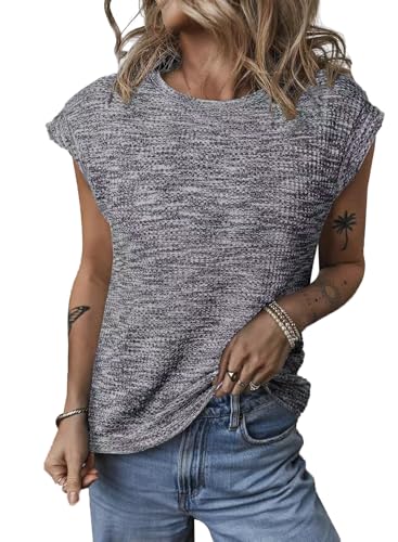 ABYOVRT T-Shirt Damen Sommer Rundhals Tops Kurzarm Waffel Oberteile Damen Bluse Sommer Casual Lose Tank Top mit Flügelärmeln,Dunkelgrau,M von ABYOVRT