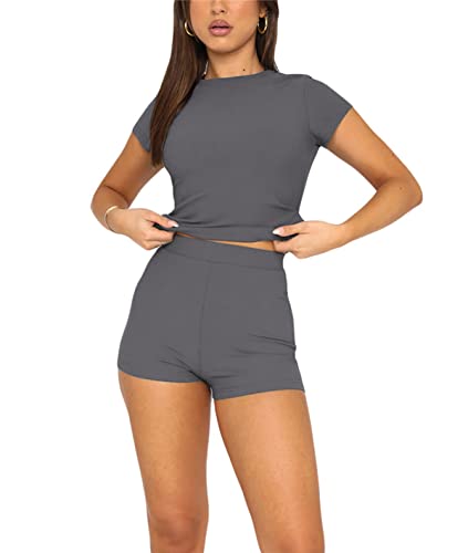 ABYOVRT Zweiteiler Damen Freizeit Set Sommer Loungewear Set Einfarbig T-Shirt High Waist Kurze Sporthose Sleepwear Yoga Jogginganzug Outfit Hausanzug Top Shorts Sets,Grau,L von ABYOVRT