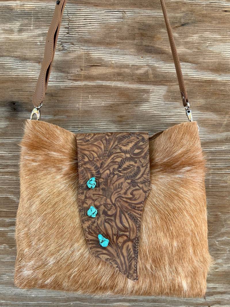 Ft1 Versandbereit Flap Tote Western Rindsleder Fransen Handtasche Rodeo Geldbörse Punziertes Geprägtes Leder Türkis Steine von ABitABling