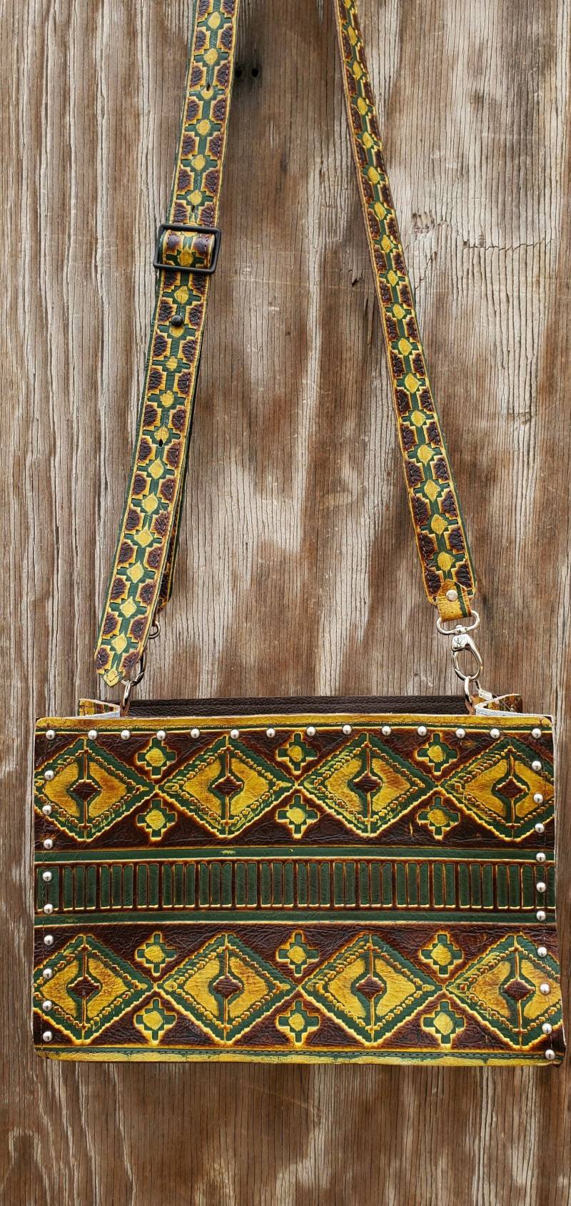 st7 Sofort Versandbereit Gelb Aztec Western Distressed Lederhandtasche Rodeo Tote Geldbörse von ABitABling