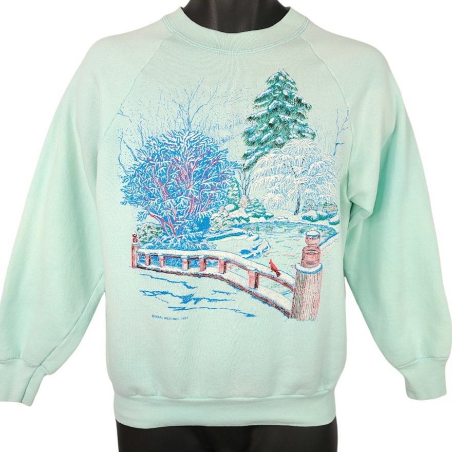 Snowy Landscape Sweatshirt Vintage 90Er Oma Kern Made in Usa Herren Größe Klein von ABoutiqueForHim