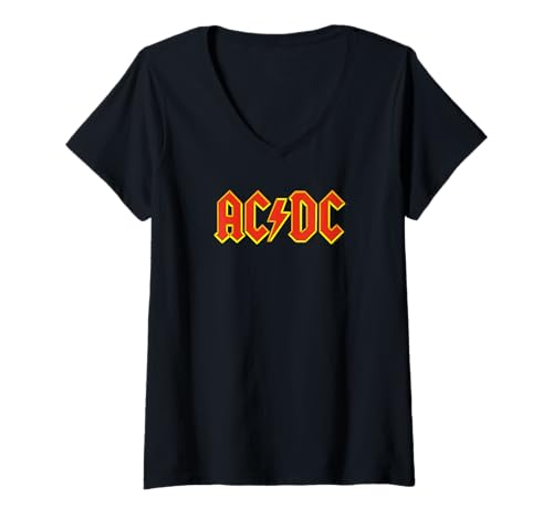 Damen AC/DC Rock Music Band Yellow Outline Red Logo T-Shirt mit V-Ausschnitt von AC/DC