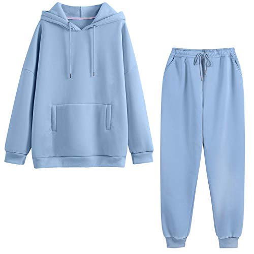 Damen Trainingsanzüge Casual Hoodie 2-teiliges Set Autumn Solid Oversized Sweatshirt Set Langarm Fleece Tops und Hosen Loungewear Joggers Set (Blue set,M) von ACARYI