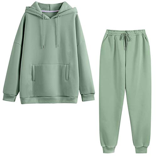 Damen Trainingsanzüge Casual Hoodie 2-teiliges Set Autumn Solid Oversized Sweatshirt Set Langarm Fleece Tops und Hosen Loungewear Joggers Set (Green set,L) von ACARYI