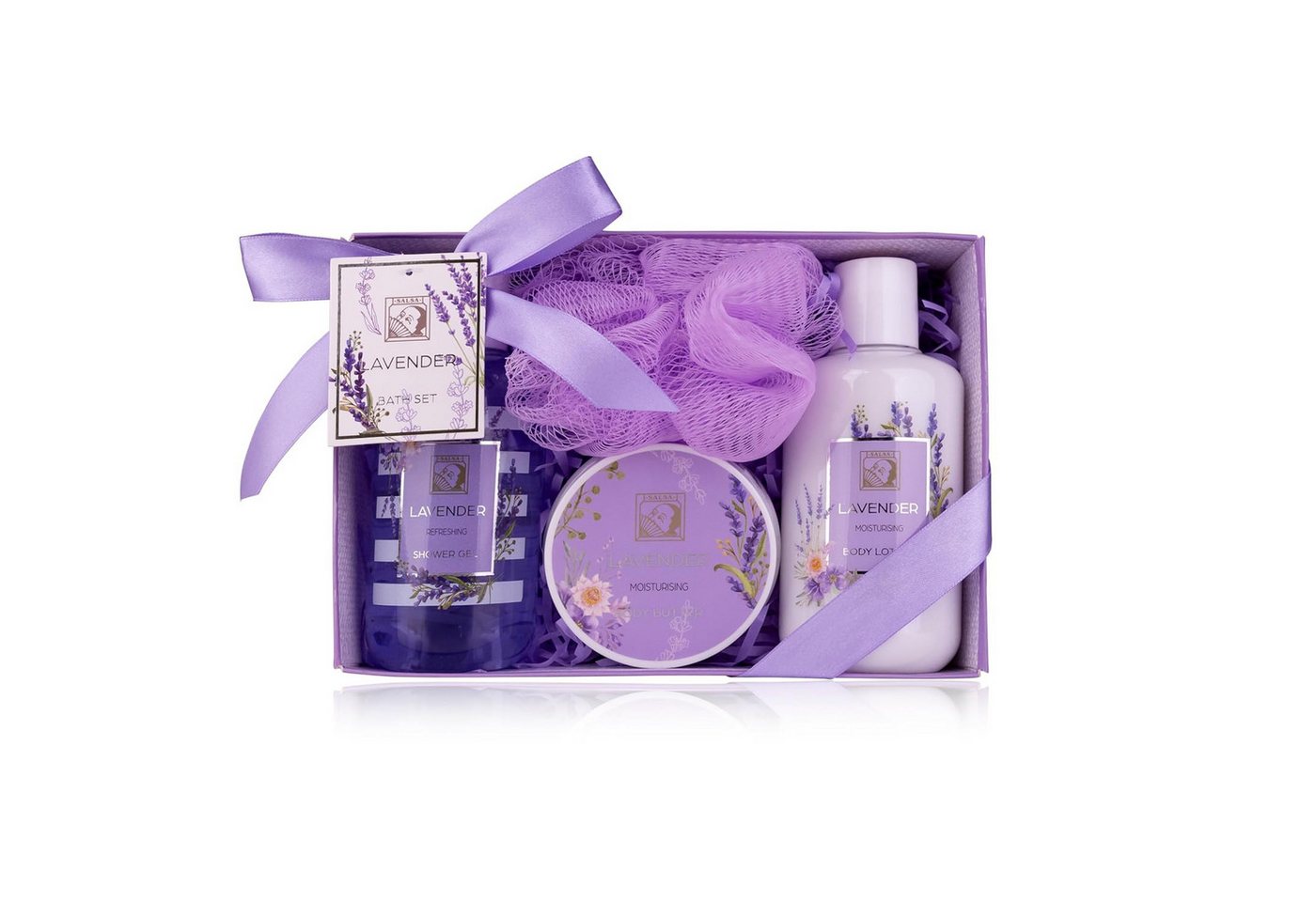 ACCENTRA Feuchtigkeitspflege-Set Duschset Frauen Geschenkset LAVENDEL in schöner Geschenkbox mit Duschgel, Bodylotion, Körperbutter und Netzschwamm, 4-teiliges Geschenkset in edler Geschenkbox von ACCENTRA