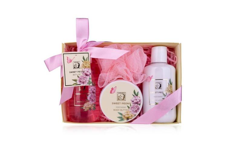 ACCENTRA Feuchtigkeitspflege-Set Duschset Frauen Geschenkset LAVENDEL in schöner Geschenkbox mit Duschgel, Bodylotion, Körperbutter und Netzschwamm, 4-teiliges Geschenkset in edler Geschenkbox von ACCENTRA