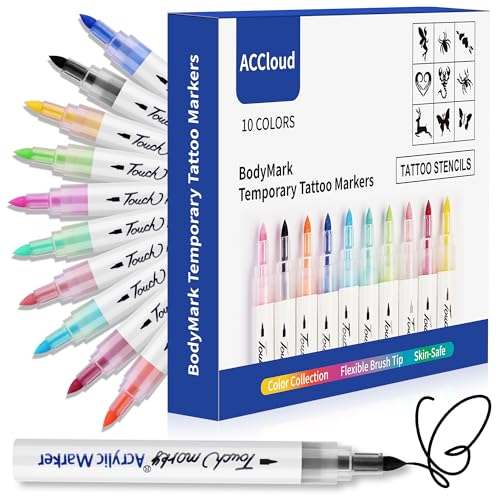ACCloud Temporäre Tattoo Markers für Haut Paint Stifte Kit, 10 Tattoo Stifte+ Tattoo Schablonen Set, Flexible Pinselspitze, Weihnachten Tattoos für Kinder (10 Farben-C) von ACCloud
