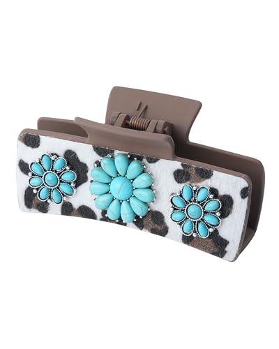 ACECHA Western-Haarklammern für Damen, türkisfarbener Stein, Leopardenmuster, Leder, große Cowgirl-Haar-Accessoires, Rodeo-Stil, modische Haarspangen, Geschenk (weiß) von ACECHA