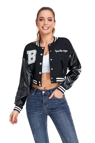 ACEFAST INC Damen Varsity Jacke Cropped Letterman Baseball Bomberjacke Vintage Y2k Streetwear Mantel, A Schwarz, S von ACEFAST INC