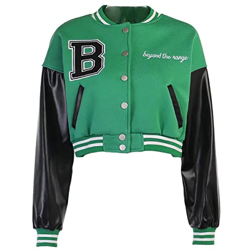Damen Varsity Jacke Cropped Letterman Baseball Bomberjacke Vintage Y2k Streetwear Mantel, A Green, Small von ACEFAST INC
