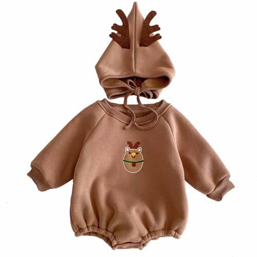 ACEHCEAR Baby Jungen Mädchen Weihnachten Outfits Baby Weihnachten Kostüme Langarm Plüsch Strampler Hat 2-teilig Weihnachten Elch Braun 6-12 Monate von ACEHCEAR