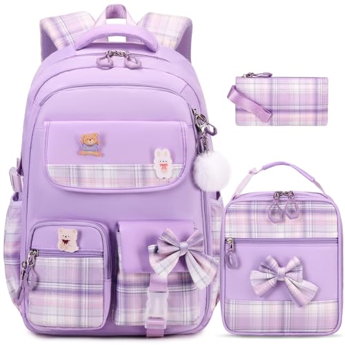 ACESAK Mädchen-Rucksack – 3 Stück Rucksack für Mädchen, niedlicher Schulrucksack für Mädchen, Kindergarten, Violett, Large, Rucksack für Mädchen von ACESAK