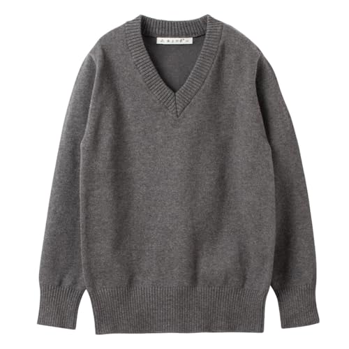 ACESTAR Jungen und Mädchen Uniform Baumwolle V-Ausschnitt Kragen Pullover Langarm Pullover Strickpullover, grau dunkel, 7-8 Jahre von ACESTAR