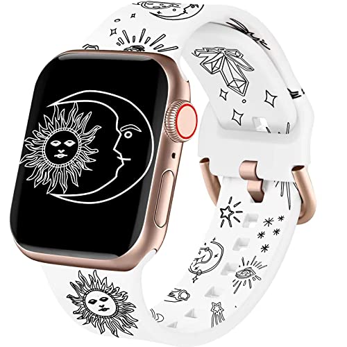 Acestar Doppelseitiges bedrucktes Armband, kompatibel mit Apple Watch Armband, 38 mm, 40 mm, 41 mm, florales Silikondruck, farbechtes Muster, 1 SE, Weiß Vintage Sonne Mond von ACESTAR