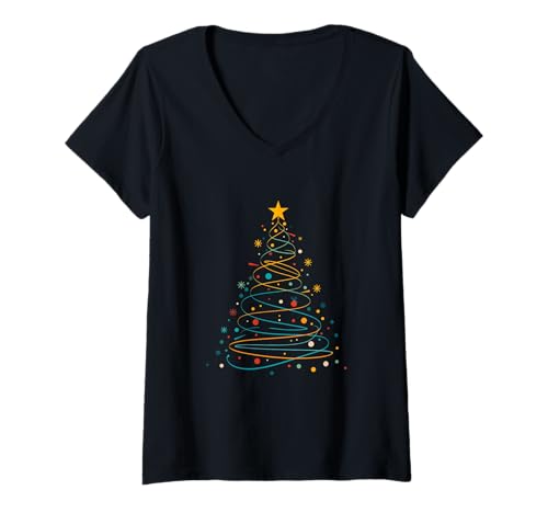 Damen Bunte Weihnachtsbaum-Linie Art T-Shirt mit V-Ausschnitt Damen Bunte Weihnachtsbaum-Linie Art T-Shirt mit V-Ausschnitt von ACGraphics
