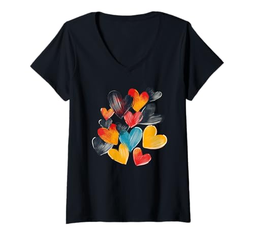 Damen EIN Haufen Liebe, Rainbow Hearts T-Shirt mit V-Ausschnitt von ACGraphics