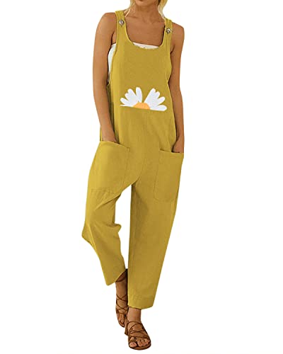 ACHIOOWA Latzhose Damen Sonnenblume Print Casual Oversize Overall Jumpsuit Retro Lange Hosen Träger Gelb XL von ACHIOOWA