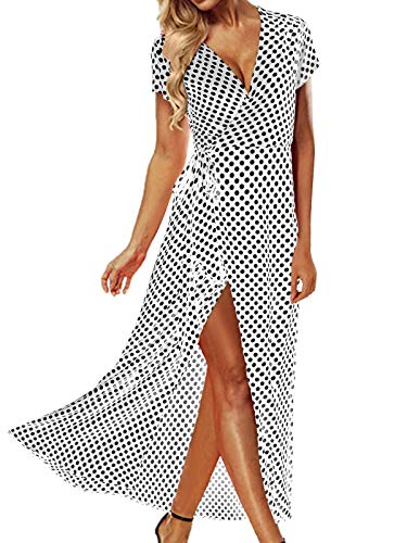 ACHIOOWA Sommerkleid Damen Elegantes Böhmisches Wickelkleid mit Schlitz Volant Kurzarm Maxikleid mit Bindegürtel Weiß S von ACHIOOWA