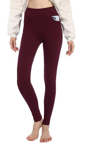 ACHTELEPHS Leggings Damen Baumwolle mit Taschen Blickdicht Leggins High Waist Sporthose Weinrot M-L von ACHTELEPHS