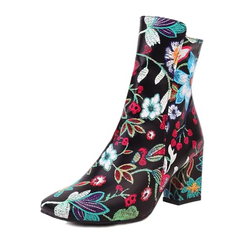 ACIGAL Hohe Stiefel für Damen Boots Stiefel mit Eckiger Spitze Besticktem Dickem Absatz Halbschuhe Seitlichem Reißverschluss Geeignet Täglichen Outdoor Sport Herbst Winter,Black,38 von ACIGAL