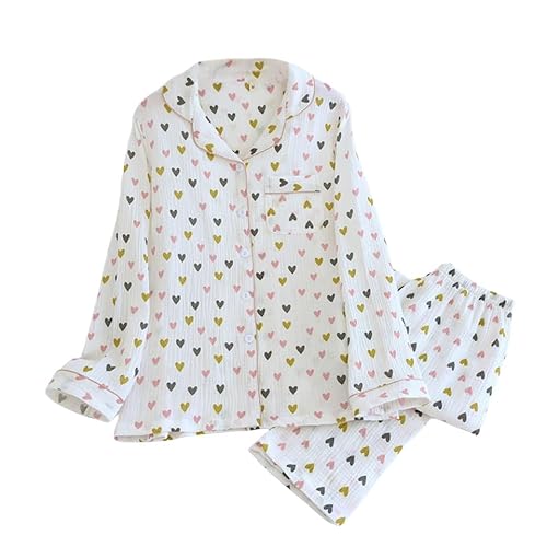 ACLCSHM Damen Pyjama Set Aus Baumwolle Mit Süßem Herz Print, Langärmeliges Button Down Hemd Und Lounge Hose, 2 Teilig, Bequeme Pyjama Sets, Loungewear, Nachtwäsche, Nachtwäsche, Rosa, XL von ACLCSHM