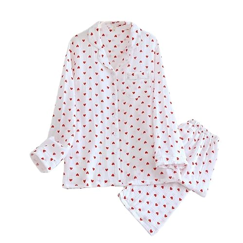 ACLCSHM Damen Pyjama Set Aus Baumwolle Mit Süßem Herz Print, Langärmeliges Button Down Shirt Und Lounge Hose, 2 Teilig, Bequeme Pyjama Sets, Loungewear, Nachtwäsche, Nachtwäsche Mit Herz Print, L von ACLCSHM