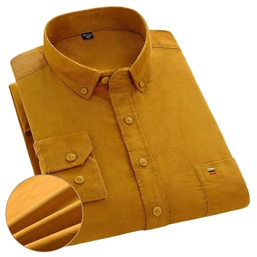 ACLCSHM Herren Cordhemden Langärmlig, Leichtes Atmungsaktives Button-Down-Arbeitshemd Einfarbig Business-Freizeithemd Mit Tasche Bequeme Passform Büro Formelles Hemd Jacke Top Gelb XL von ACLCSHM