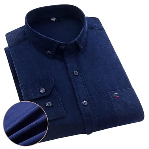 ACLCSHM Herren Cordhemden Langärmlig, Leichtes Atmungsaktives Button-Down-Arbeitshemd Einfarbig Business-Freizeithemd Mit Tasche Bequeme Passform Büro-Formelles Hemd Jacke Top Marineblau 3XL von ACLCSHM