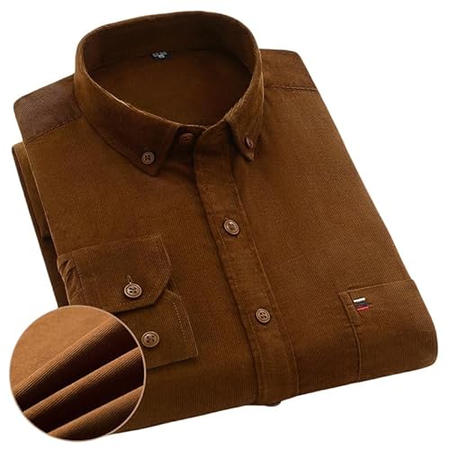 ACLCSHM Herren Cordhemden Langarm, Leichtes Atmungsaktives Button-Down-Arbeitshemd Einfarbig Business-Freizeithemd Mit Tasche Bequeme Passform Büro Formelles Hemd Jacke Top Braun XXL von ACLCSHM