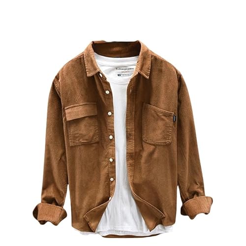 ACLCSHM Herren Langarm Cordhemden Button Down Cargo Cord Hemden Jacke Mit Taschen Einfarbig Weiches Warmes Trucker Shirt Revers Freizeitjacke Herbstmäntel Tops Braun L von ACLCSHM