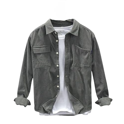 ACLCSHM Herren Langarm Cordhemden Button Down Cargo Cord Hemden Jacke Mit Taschen Einfarbig Weiches Warmes Trucker Shirt Revers Freizeitjacke Herbstmäntel Tops Dunkelgrau L von ACLCSHM