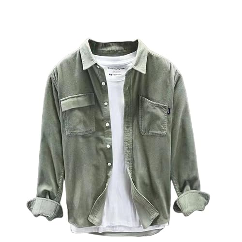 ACLCSHM Herren Langarm Cordhemden Button Down Cargo Cord Hemden Jacke Mit Taschen Einfarbig Weiches Warmes Trucker Shirt Revers Freizeitjacke Herbstmäntel Tops Grün XL von ACLCSHM