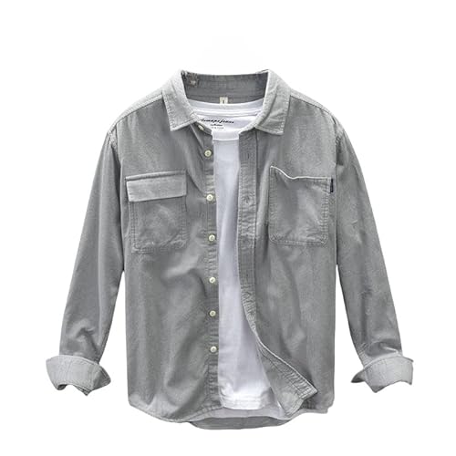 ACLCSHM Herren Langarm Cordhemden Button Down Cargo Cord Hemden Jacke Mit Taschen Einfarbig Weiches Warmes Trucker Shirt Revers Freizeitjacke Herbstmäntel Tops Hellgrau M von ACLCSHM