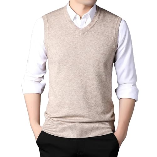 ACLCSHM Pullunder Herren, Herren Strickweste Pullover Regular Fit V Ausschnitt Strickweste Pullover Casual Business Ärmellos Strickpullover Herbst Winter Weste Tanktop Beige XXL von ACLCSHM