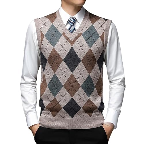 ACLCSHM Pullunder Herren, Herren Strickweste Pullover V Ausschnitt Weste Pulli Ärmellos Argyle Strickpullover Weste Warm Casual Business Gilets Slim Fit Herbst Opa Weste Tank Top Apricot XL von ACLCSHM
