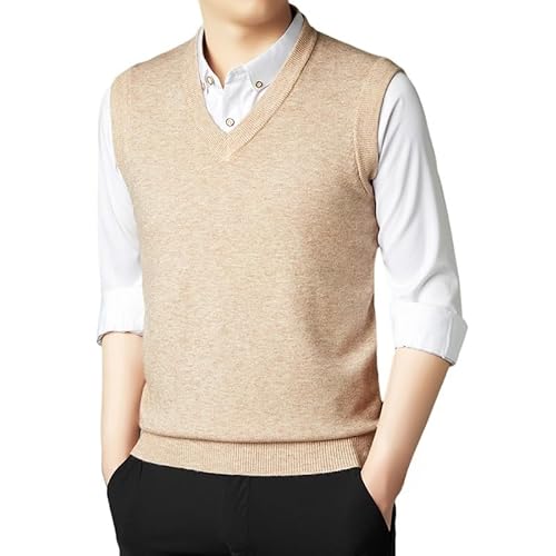 ACLCSHM Pullunder Herren Ärmellos, Herren Strickpullover Weste Einfarbig V Ausschnitt Pullover Weste Bequem Warm Ärmellos Strickpullover Slim Fit Lässige Weste Tanktop Für Herbst Winter Khaki M von ACLCSHM